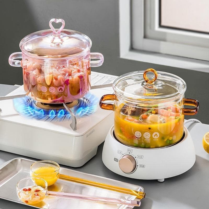 Olla de vidrio borosilicato con asas para calentar