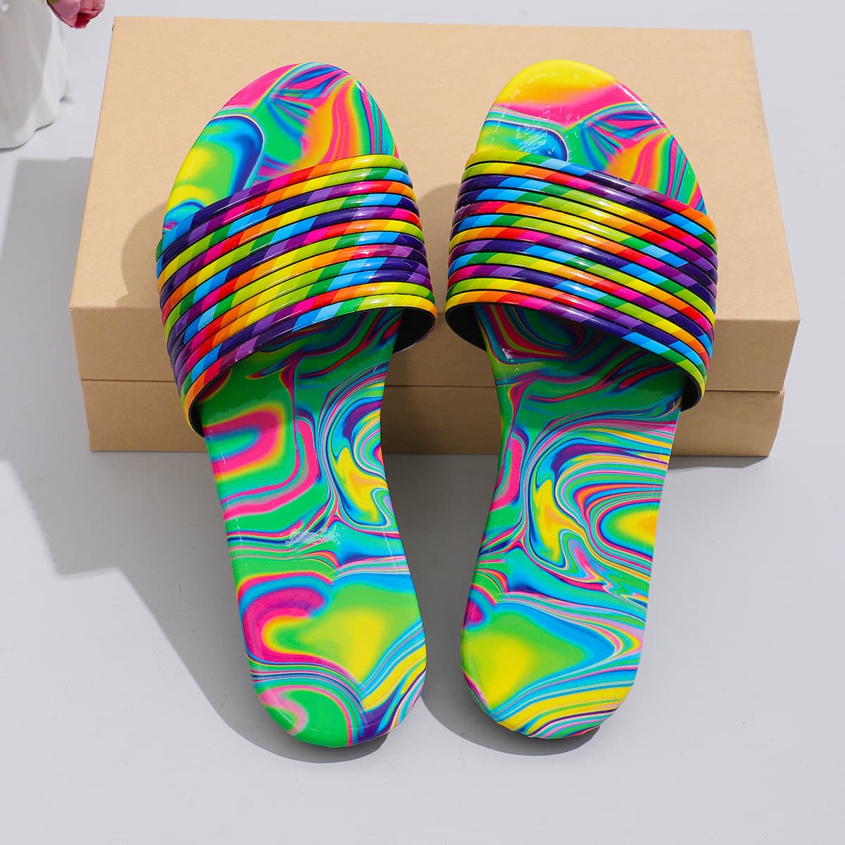 Sandalias planas arcoíris para mujer primavera