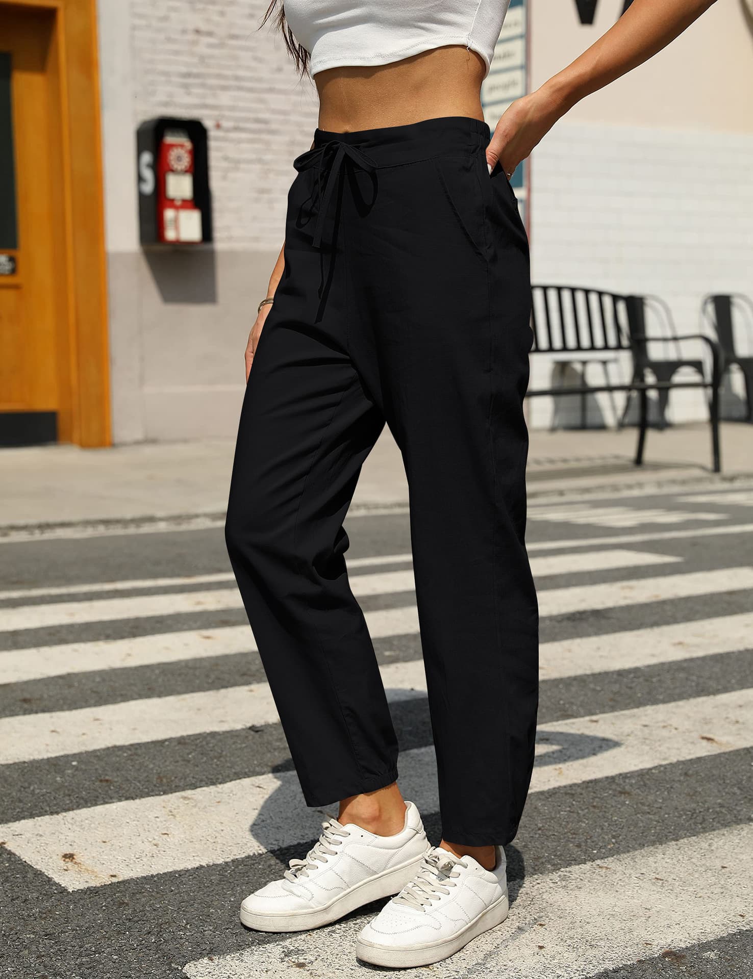 Pantalones casuales de algodón y lino para mujer