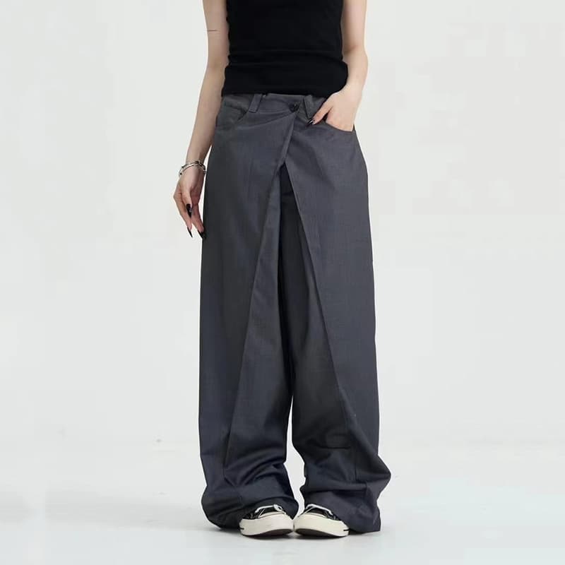 Pantalón gris casual traje mujer, cintura alta y recto