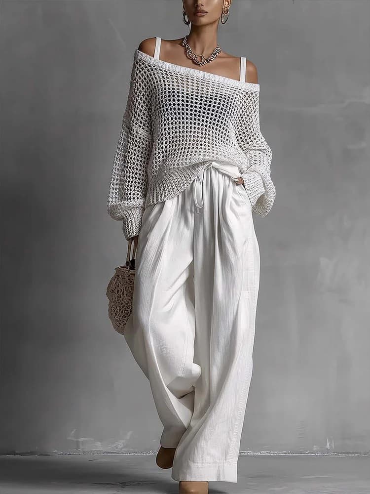 Conjunto casual de dos piezas con top calado y pantalones