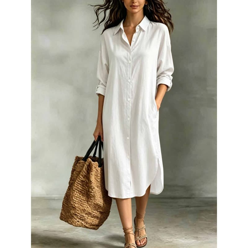 Vestido camisa de algodón-lino con bolsillos