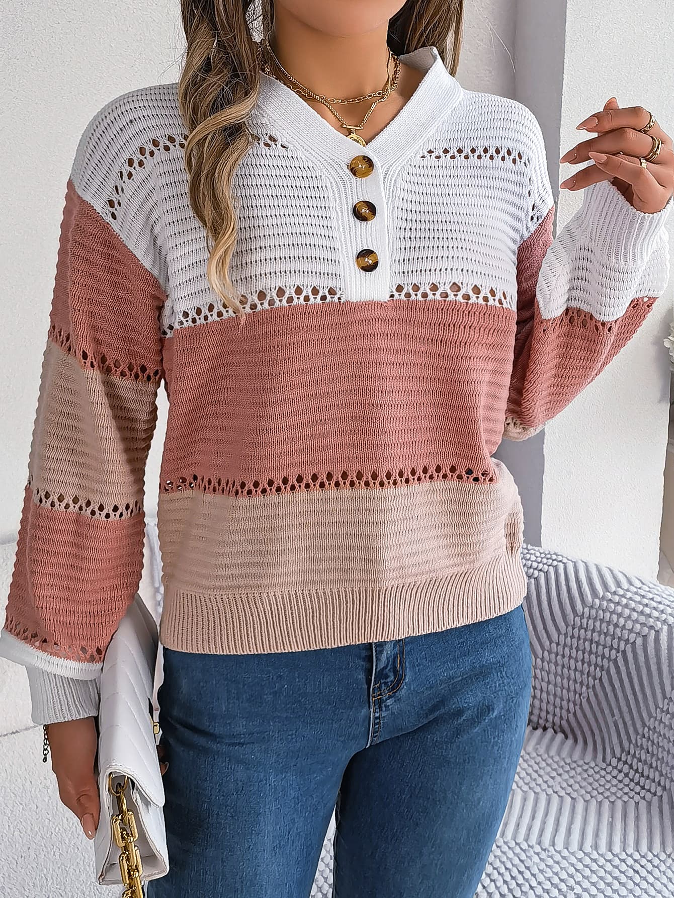 Suéter pullover con cuello en V y mangas linterna