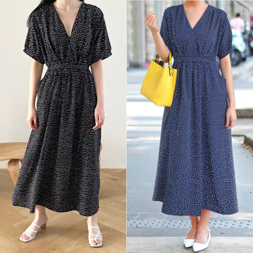 Vestido entallado de lunares con escote en V y falda amplia