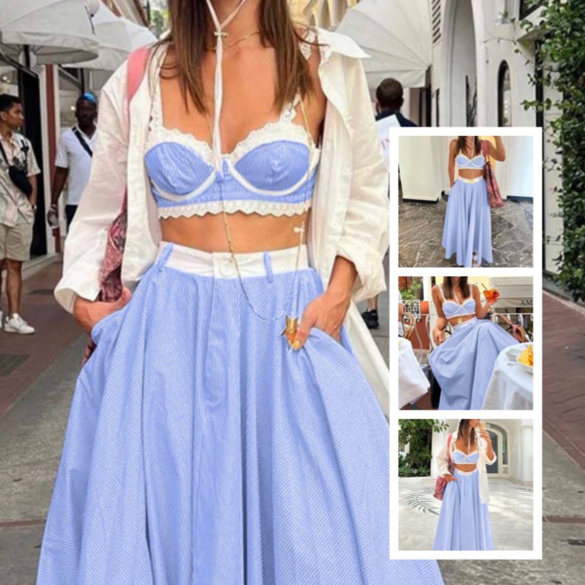 Conjunto de 2 piezas con top de encaje y falda larga