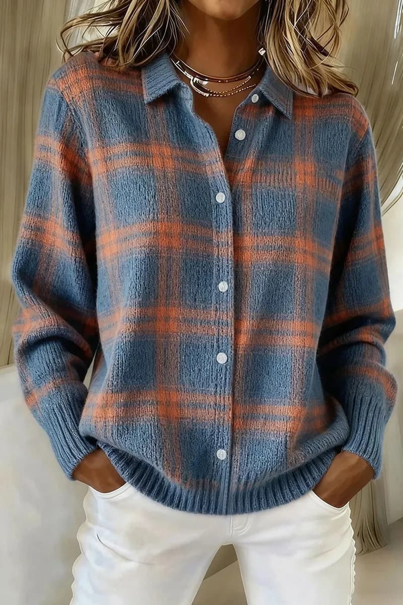 Cardigan de cuadros con cuello de solapa y manga larga