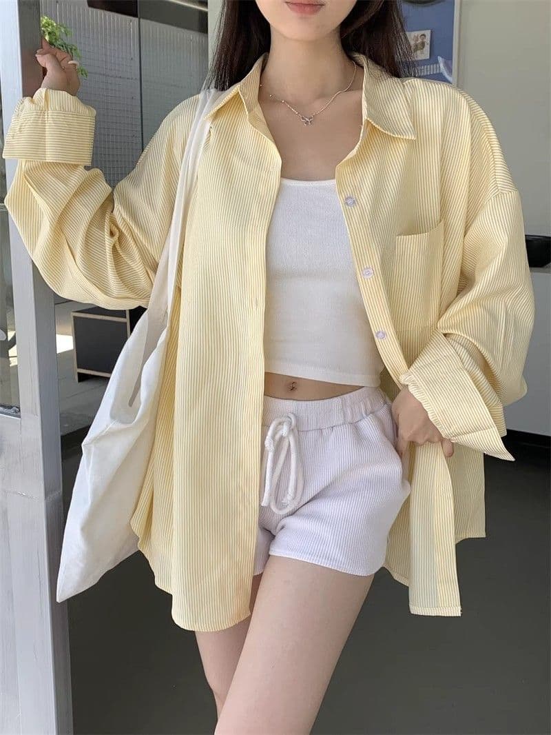 Camisa rayada suelta para mujer, estilo cardigan casual