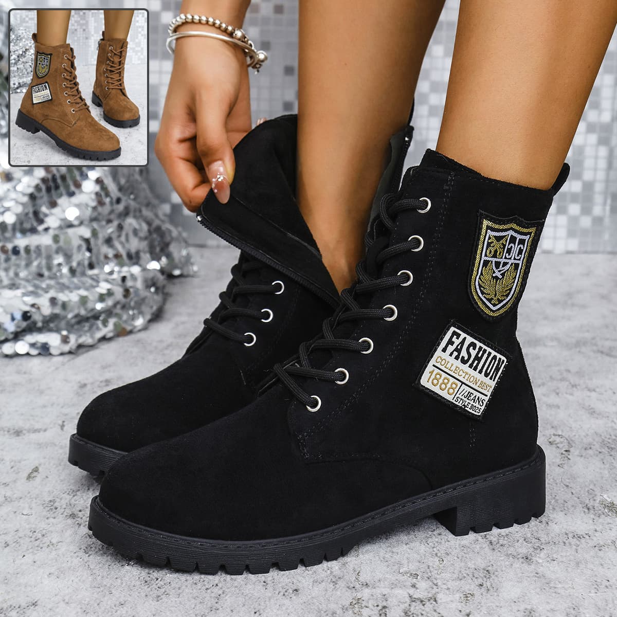 Botas con cordones y tacón grueso para mujer