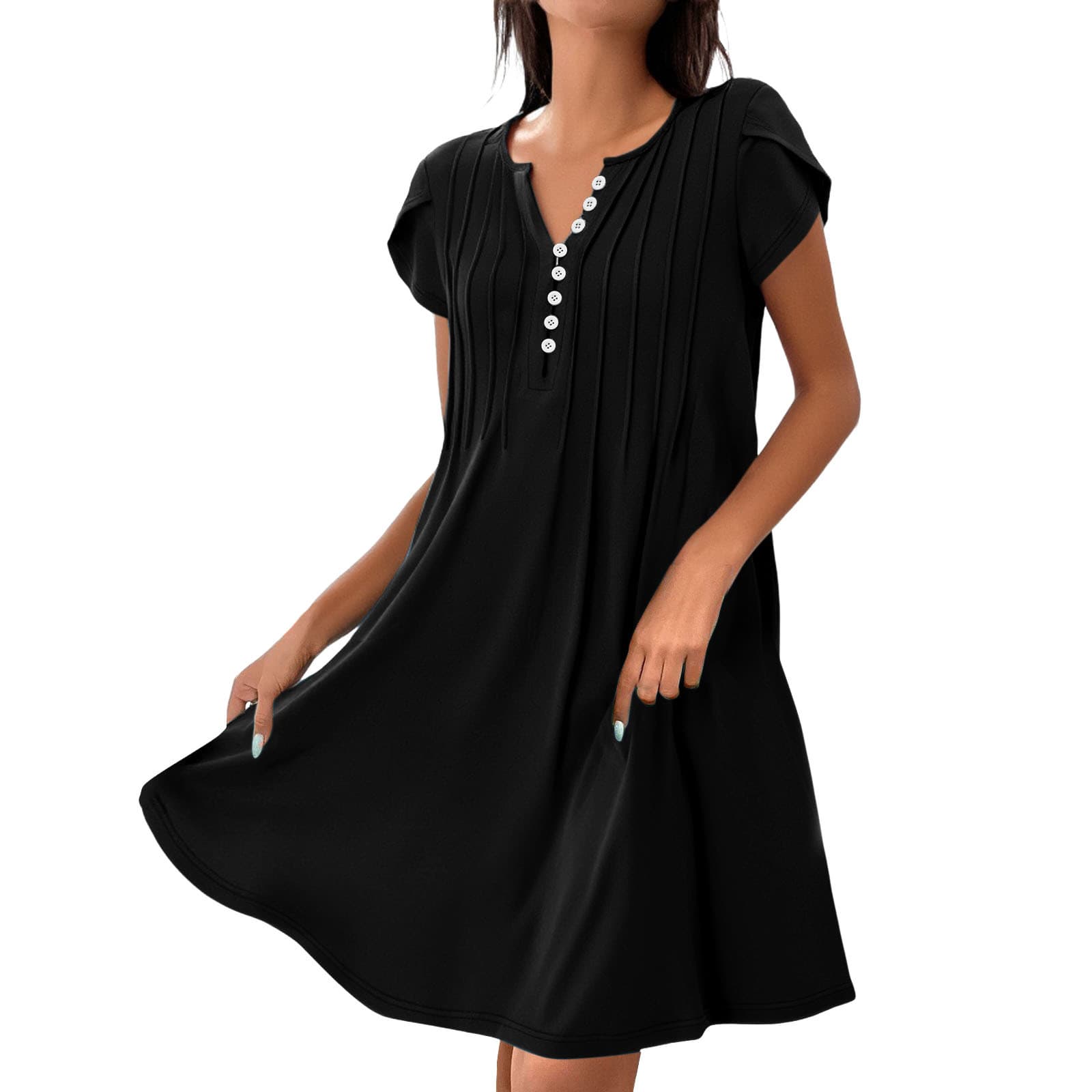 Vestido cómodo con escote V, botones y falda línea A