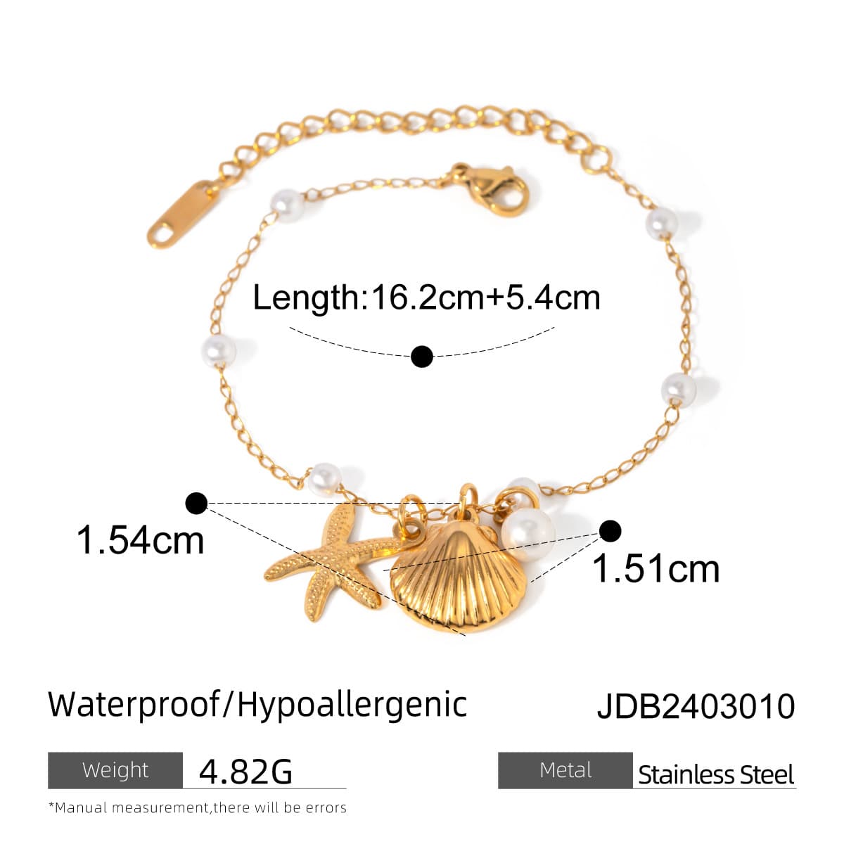 Pulsera de acero con perlas y colgantes de playa