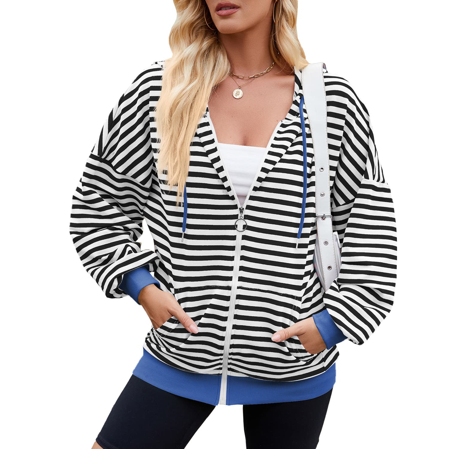 Sudadera con cremallera y capucha a rayas para mujer