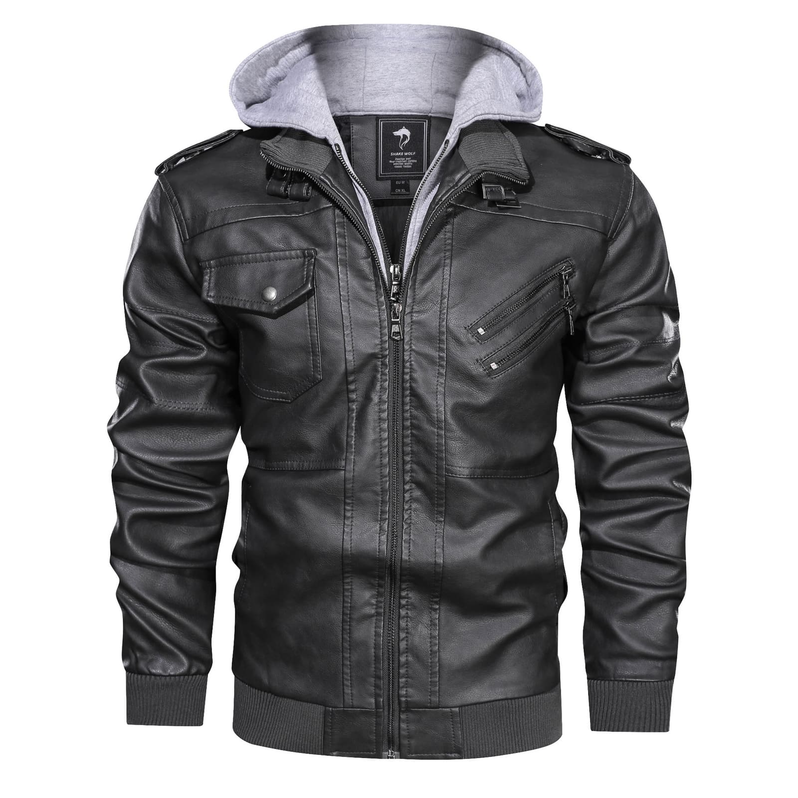 Chaqueta de cuero PU para hombre con capucha