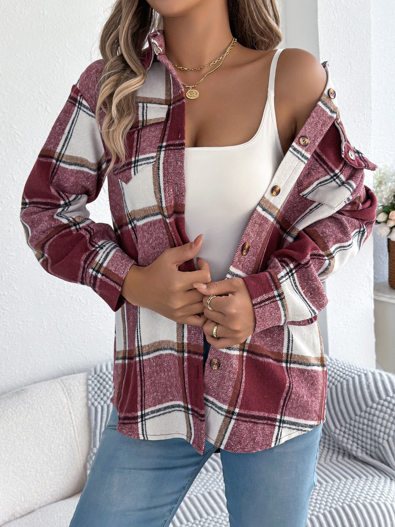 Abrigo de tweed a cuadros con mangas largas para mujer