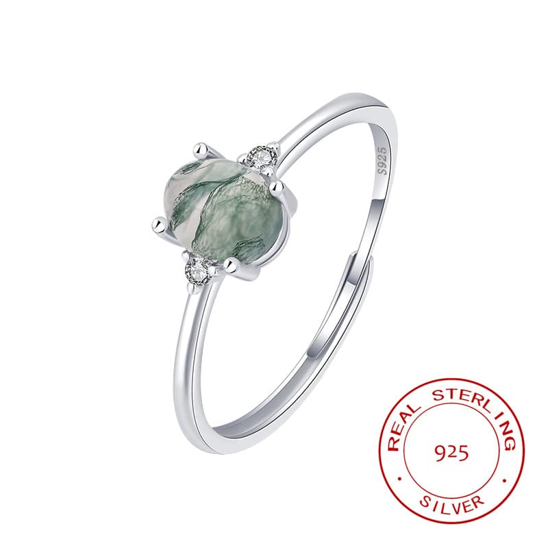 Anillo ajustable con ágata verde musgo y piedra de agua