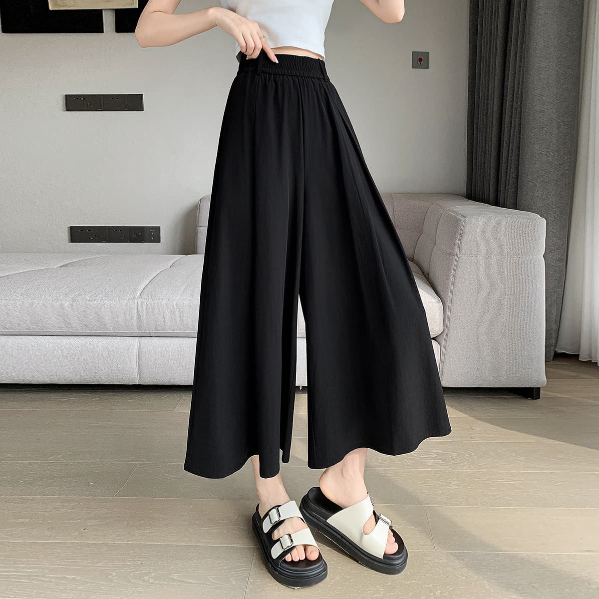 Pantalones holgados rectos con cintura media elástica