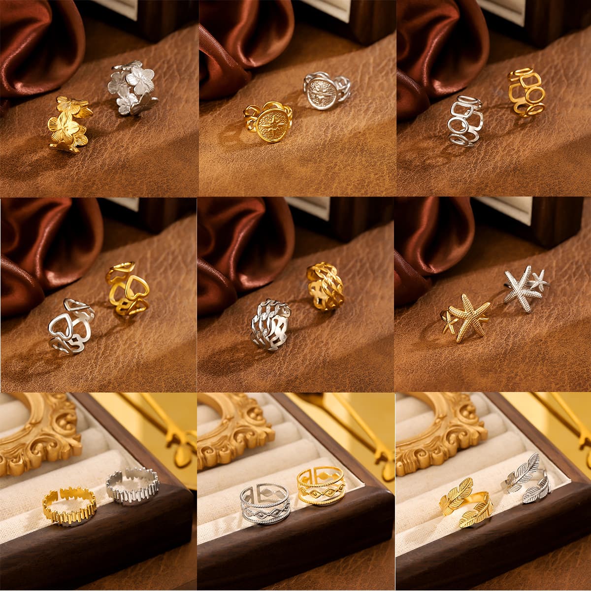 Anillo abierto de acero inoxidable con diseño minimalista de trébol