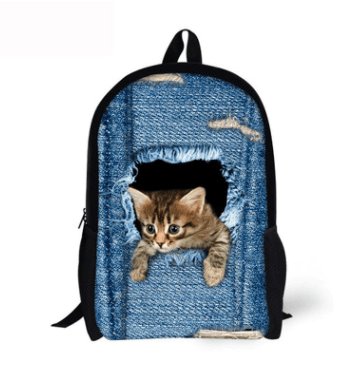 Mochila infantil con diseño de gato 3D en denim