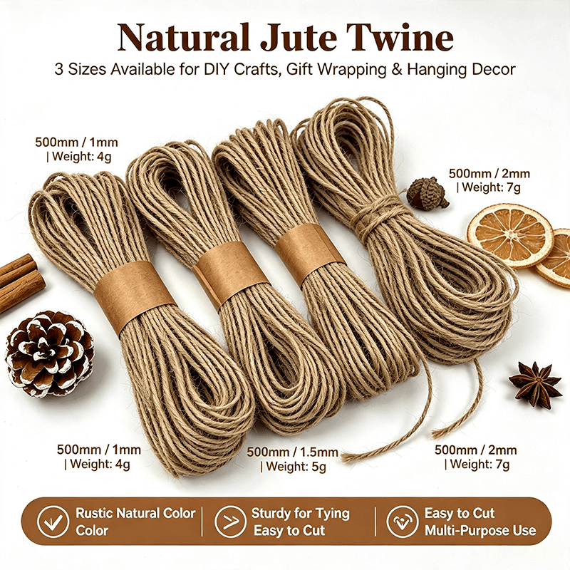 Cordel de yute natural, 3 tamaños para manualidades