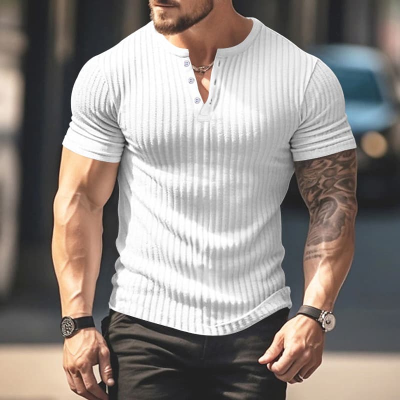 Camiseta casual para hombre con rayas, escote V y ajuste slim