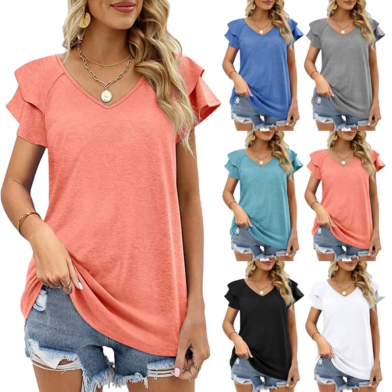 Blusa de manga corta con volantes color sólido