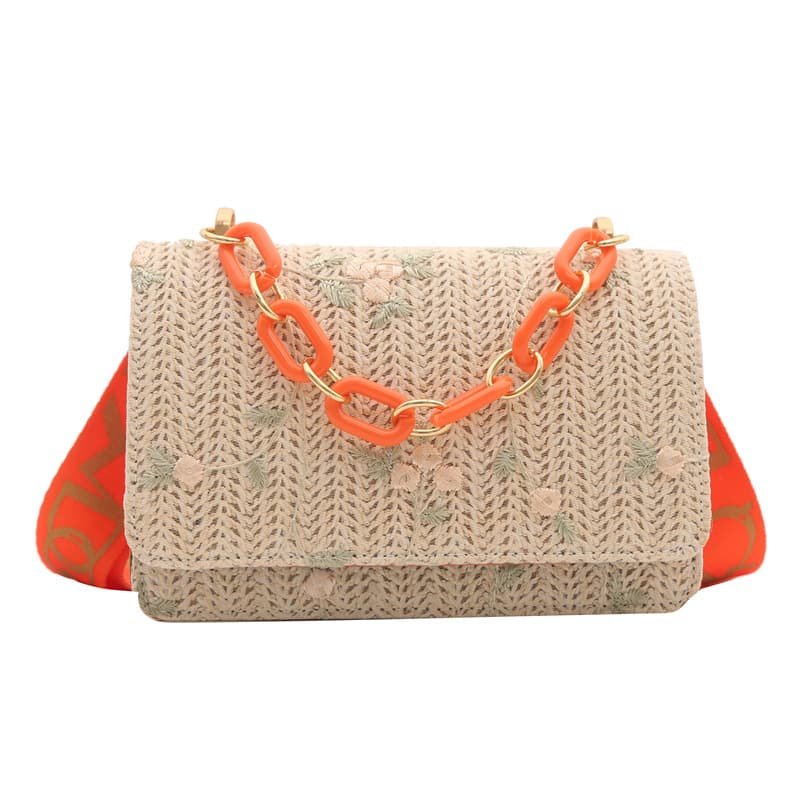 Bolsa cuadrada de paja para mujer con cadena acrílica