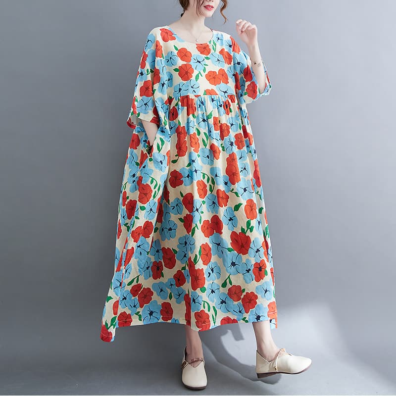Vestido suelto estampado de algodón y lino