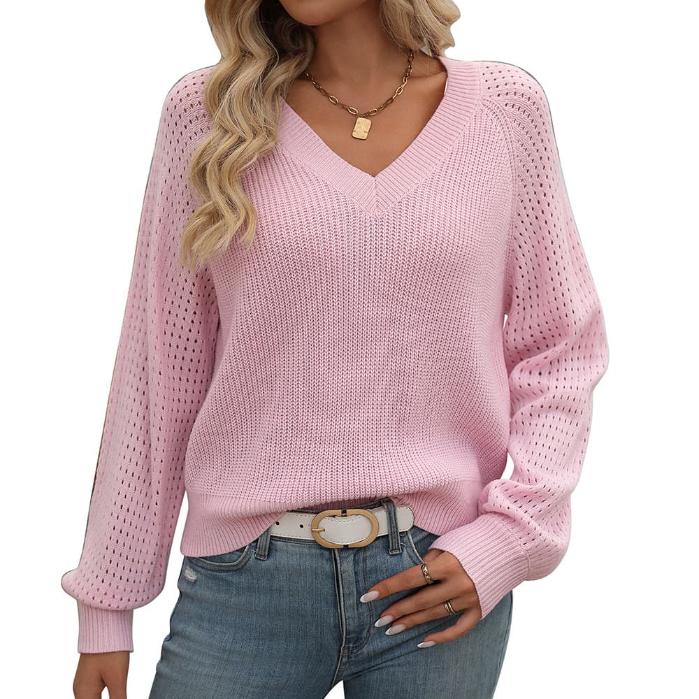 Suéter de mujer cuello V con diseño calado de manga larga