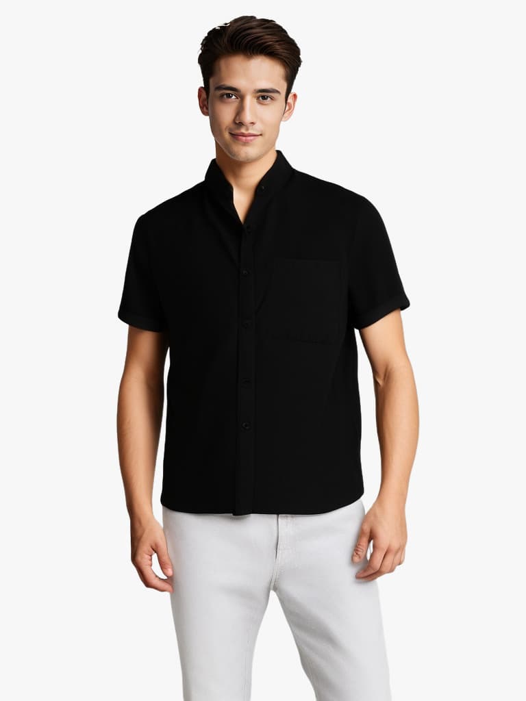 Camisa de algodón y lino con cuello levantado