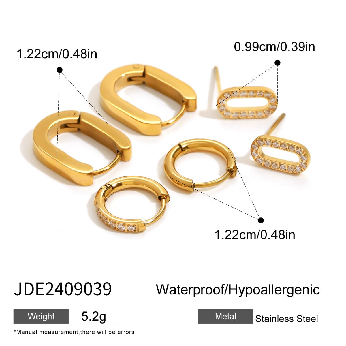 Set 3 pares aretes circonita brillante acero inox