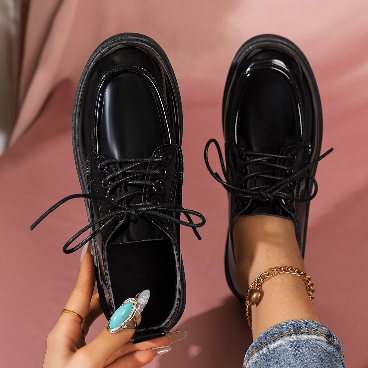 Zapatos de cuero con cordones estilo retro para mujer