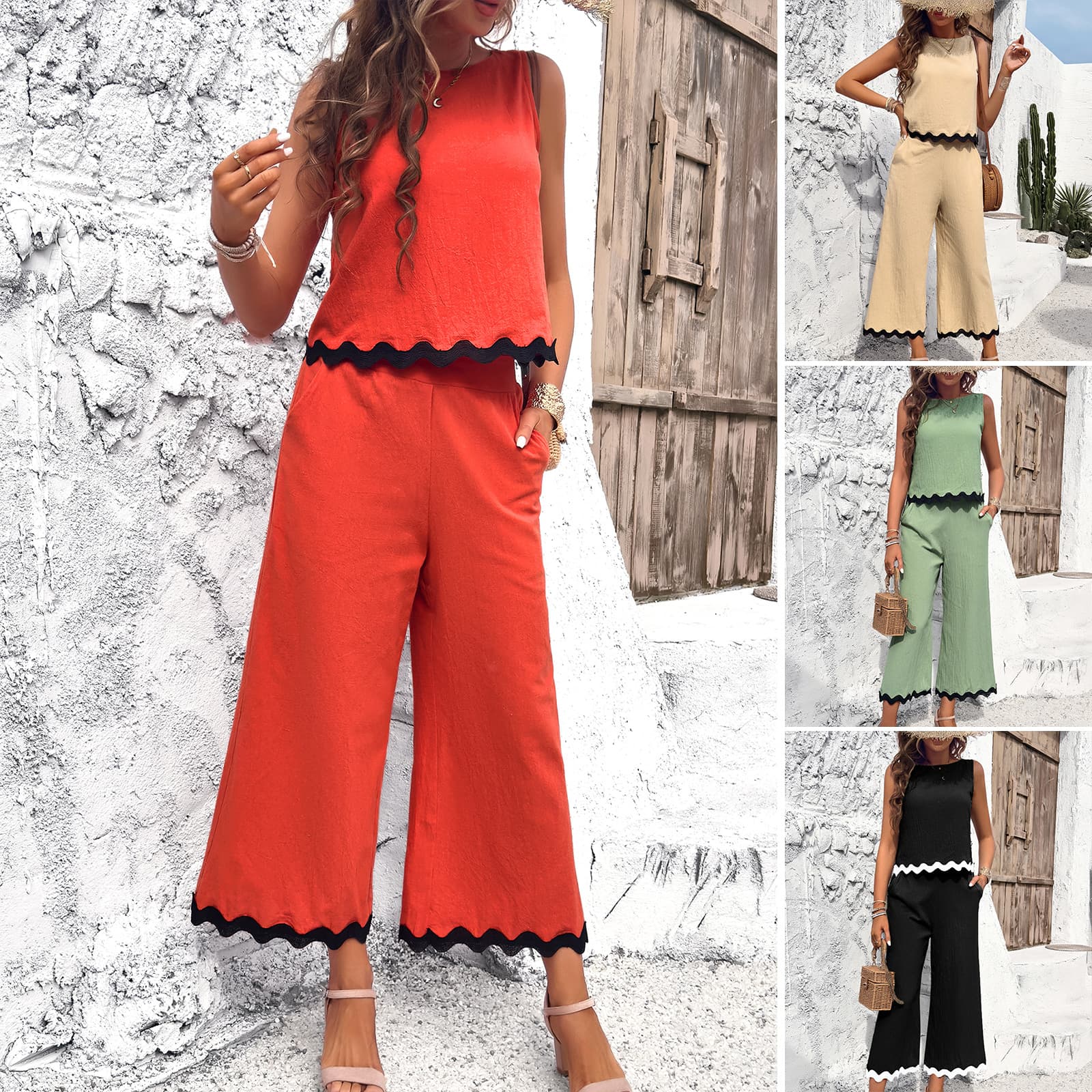 Conjunto de dos piezas viscosa con blusa sin mangas y pantalón recto