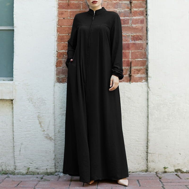 Vestido cardigan con cuello parado y cierre frontal
