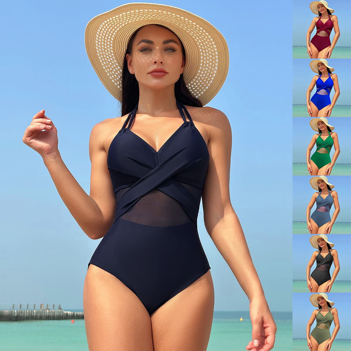 Traje de baño de una pieza escote halter con correas cruzadas