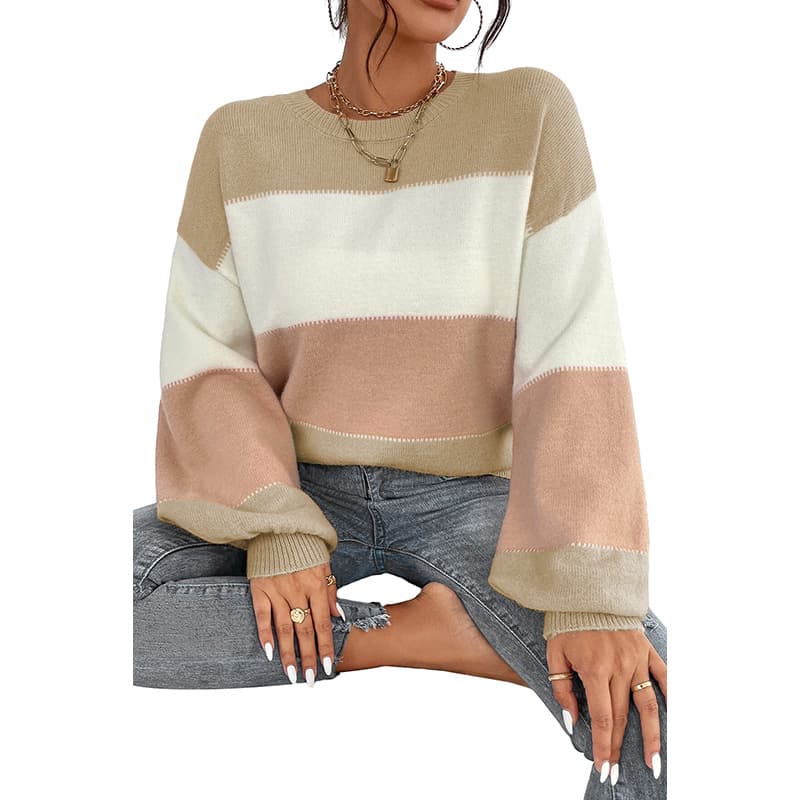 Suéter color block cuello redondo, manga farol para mujer