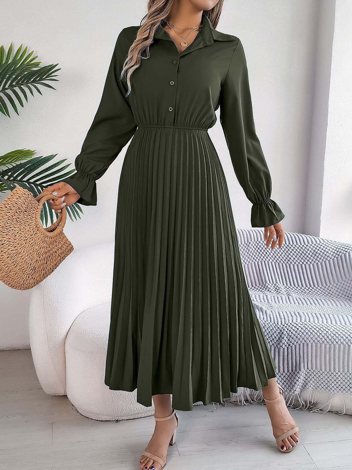 Vestido maxi de mujer con solapa y manga larga