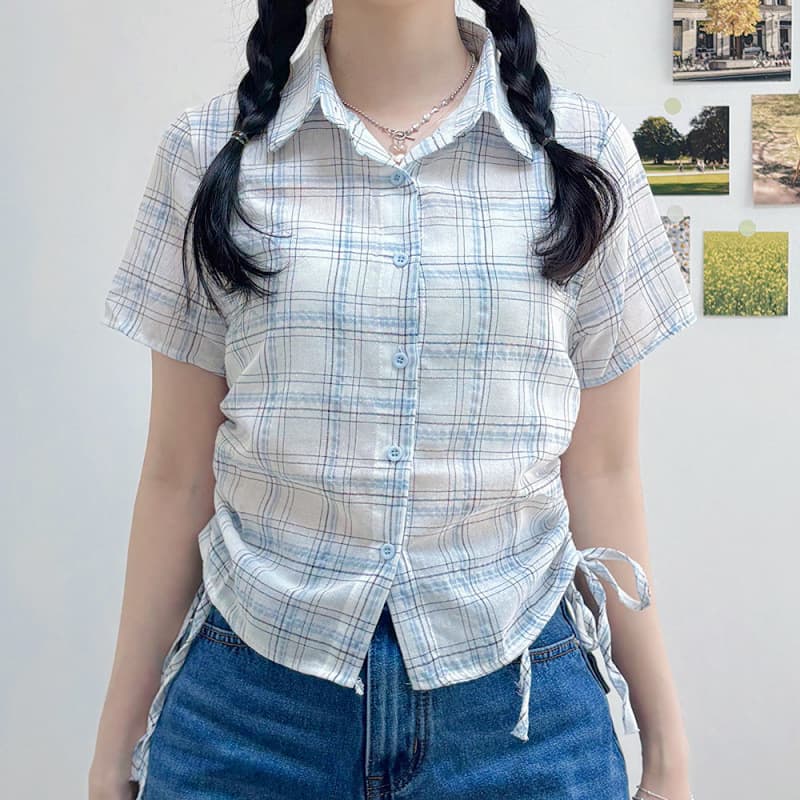 Camisa cuadros retro elegante con pliegues en dobladillo