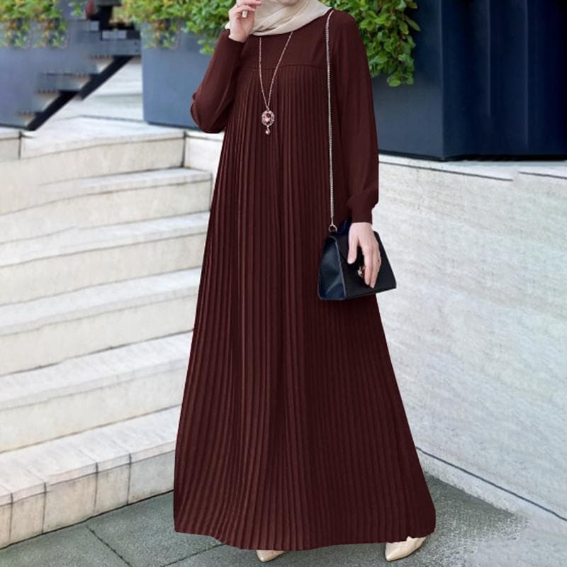 Vestido plisado de cuello redondo y manga larga con cintura suelta