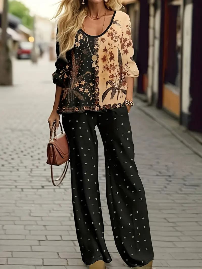 Traje de mujer con estampado 3D, blusa suelta y pantalones anchos