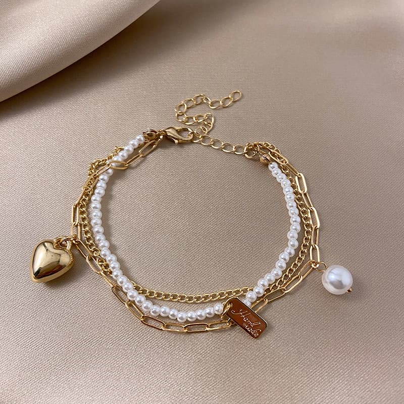 Pulsera doble capa perla corazón vintage