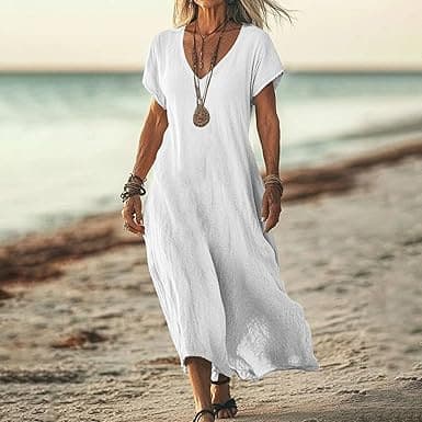 Vestido suelto de algodón y lino con escote V