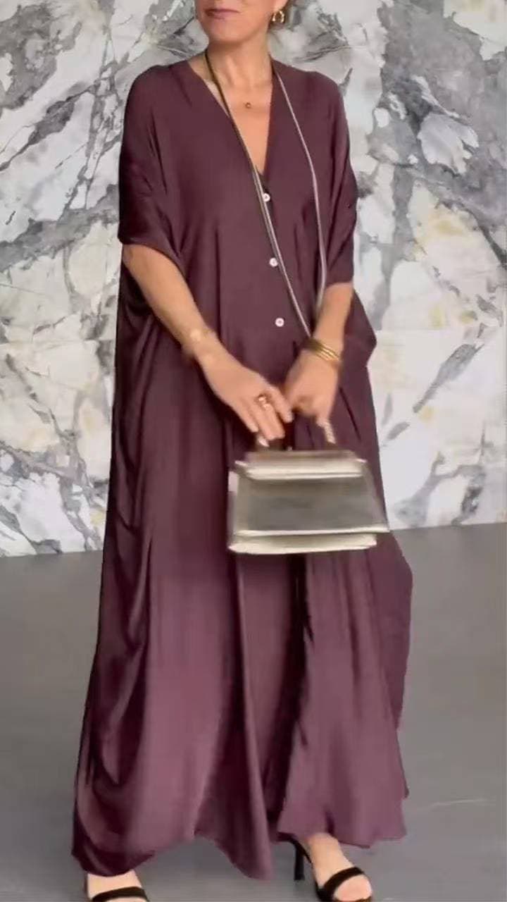 Vestido suelto de satén con cuello en V para mujer
