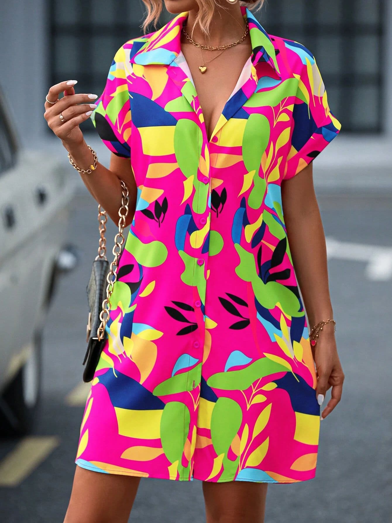 Vestido camisa flores manga corta estilo A