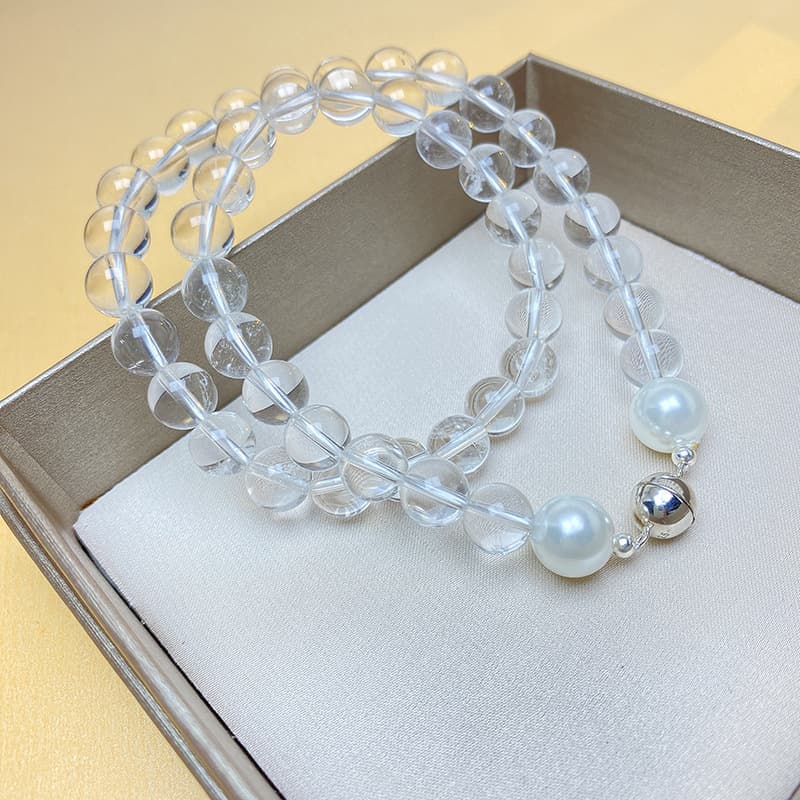 Collar de cuentas de cristal blanco natural con plata