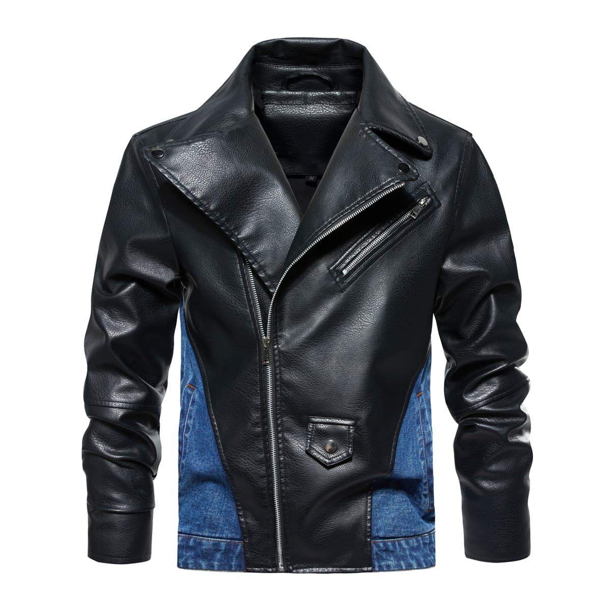 Chaqueta de mezclilla con patchwork y cremallera diagonal