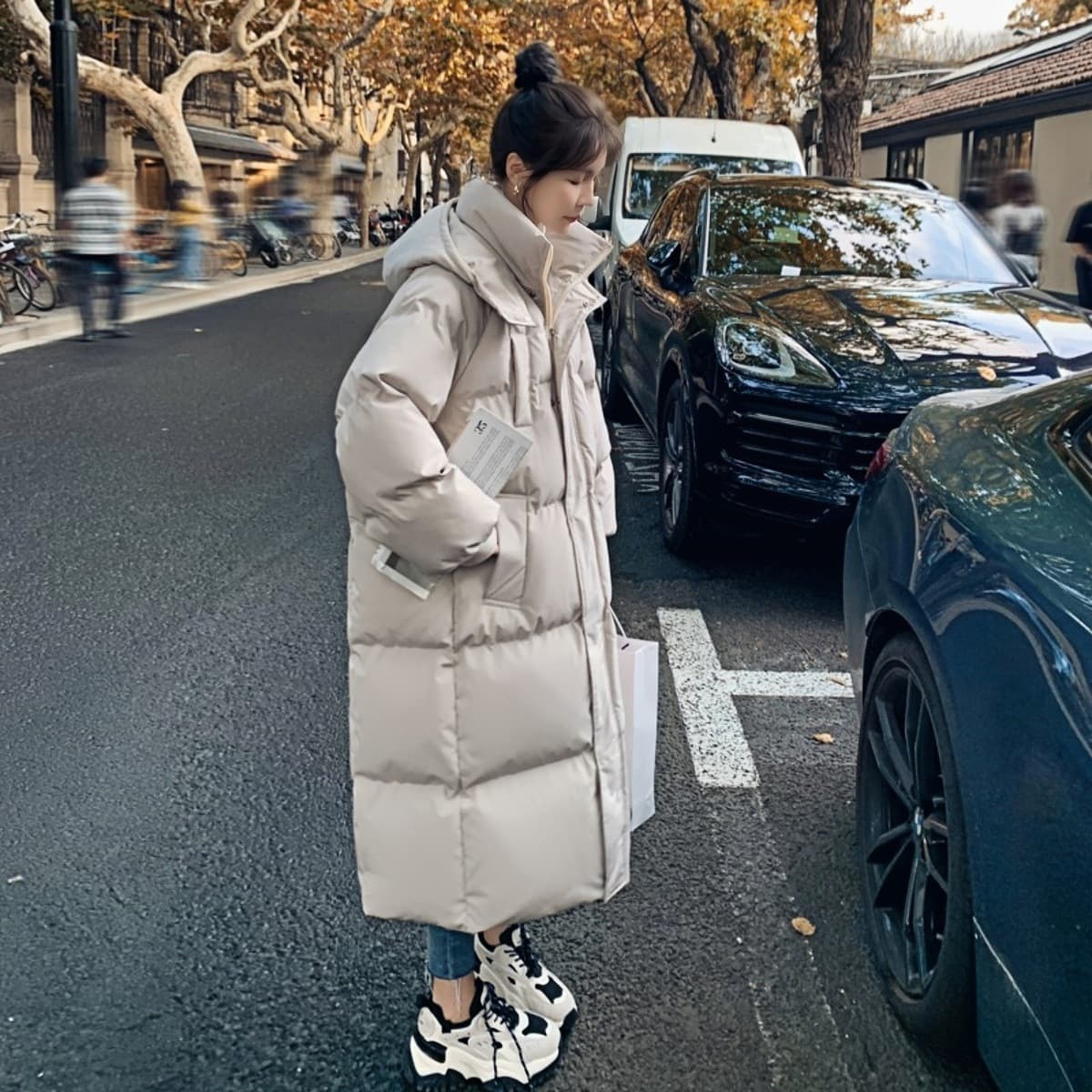 Abrigo acolchado mid largo con estilo Hongkong, mujer
