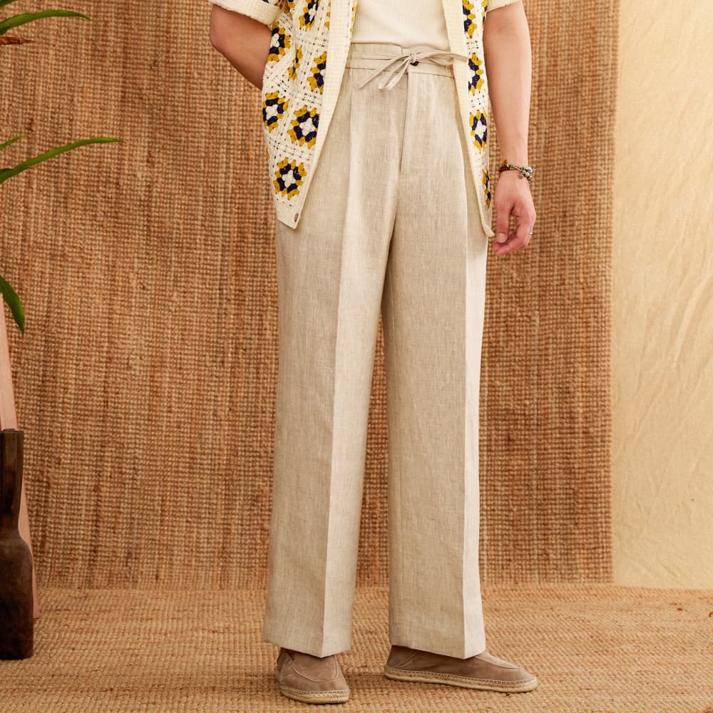 Pantalones casuales lino cintura alta elástica