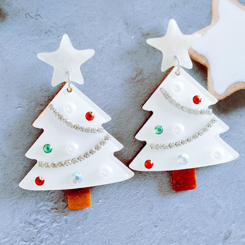 Aretes de árbol de Navidad con cristales, diseño acrílico