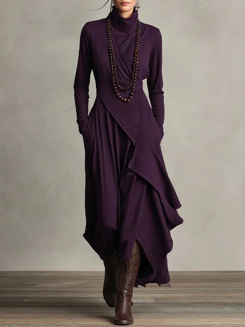 Vestido elegante de cuello alto con mangas largas y diseño único