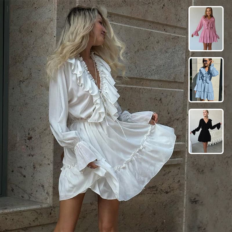 Vestido corto con escote V y mangas plisadas