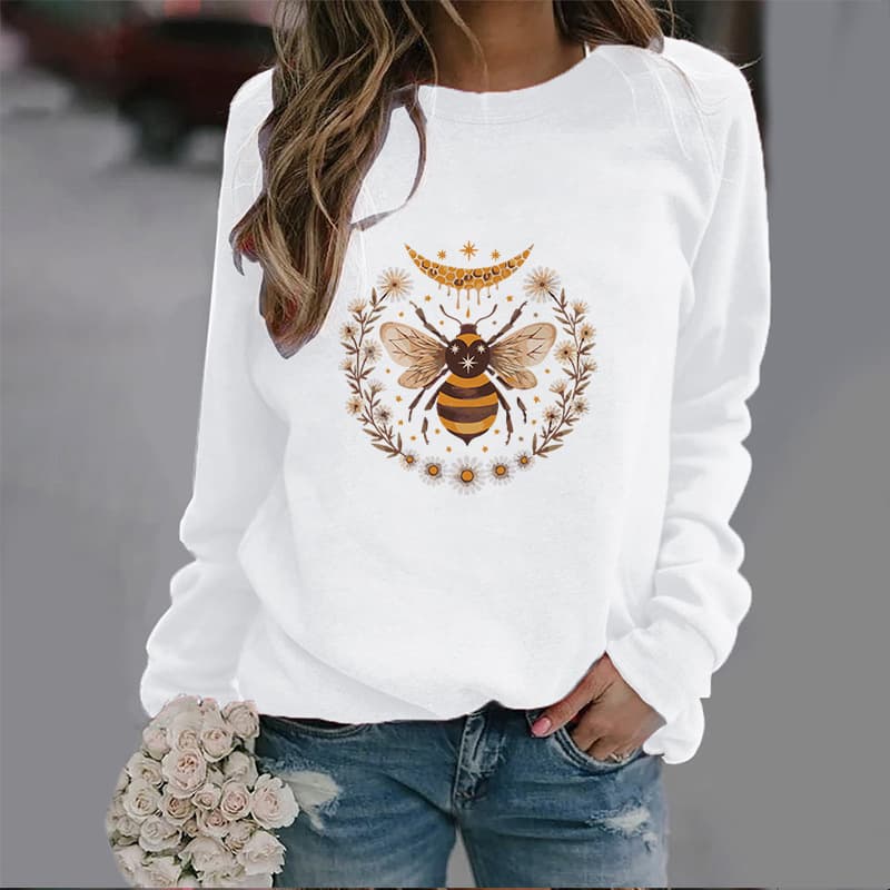Sudadera cuello redondo con diseño luna y abeja para mujer